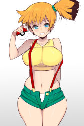 Rule 34 | 1girl, absurdres, alternate breast size, aqua eyes, asymmetrical hair, bare arms, bare legs, bare shoulders, blouse, blue eyes, blush, breasts, creatures (company), curvy, game freak, hair between eyes, highres, holding, holding poke ball, kouno (masao), large breasts, legs, looking at viewer, misty (pokemon), navel, nintendo, open mouth, orange hair, panties, poke ball, pokemon, pokemon (anime), pokemon (classic anime), ponytail, shiny skin, shirt, short hair, short ponytail, side ponytail, simple background, sleeveless, sleeveless shirt, smile, solo, standing, suspenders, thighs, underwear, wide hips, yellow shirt