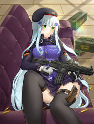 Rule 34 | absurdres, ammunition box, artist request, assault rifle, beret, black hat, black thighhighs, blunt bangs, commentary request, couch, girls&#039; frontline, gloves, green eyes, gun, h&amp;k hk416, hair ornament, hat, heckler &amp; koch, highres, hk416 (girls&#039; frontline), holding, holding gun, holding weapon, indoors, jacket, korean commentary, long hair, lying, on back, on couch, plaid, plaid skirt, pleated skirt, rifle, skirt, solo, thighhighs, vertical forward grip, weapon, white hair