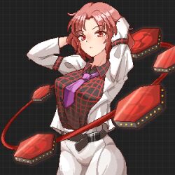 Rule 34 | 1girl, arms behind head, arms up, belt, black background, black shirt, breasts, closed mouth, collared shirt, commentary request, drum, drum set, eaglov, highres, horikawa raiko, instrument, jacket, looking at viewer, medium breasts, necktie, pixel art, purple necktie, red eyes, red hair, shirt, short hair, simple background, skirt, solo, taiko drum, touhou, variant set, white jacket, white skirt