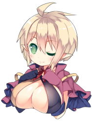 Rule 34 | 1girl, ;), black gloves, blonde hair, blush, breast suppress, breasts, cleavage, female focus, gloves, green eyes, lafrenze (33), large breasts, neck ribbon, one eye closed, original, pixiv fantasia, pixiv fantasia fallen kings, pointy ears, purple gloves, ribbon, saru, short hair, simple background, smile, solo, upper body, white background