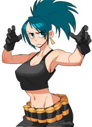 Rule 34 | 1girl, ammunition belt, armpits, arms up, bare shoulders, black gloves, black tank top, blue eyes, blue hair, cargo pants, crop top, drawlomong24, earrings, eyes visible through hair, fighting stance, gas can, gloves, hair ornament, hairclip, highres, jewelry, leona heidern, midriff, navel, pants, ponytail, simple background, sleeveless, solo, tank top, the king of fighters, the king of fighters xiii, triangle earrings