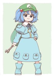 Rule 34 | 1girl, backpack, bag, blue dress, blue eyes, blue hair, blush stickers, boots, cabbie hat, chibi, closed mouth, commentary request, crowbar, dress, full body, green hat, hair bobbles, hair ornament, hand on own hip, hat, holding, holding crowbar, kawashiro nitori, key, long sleeves, looking at viewer, outside border, pocket, poronegi, pouch, puffy sleeves, rubber boots, simple background, smile, solo, standing, touhou, two side up, wrench