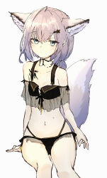 Rule 34 | 1girl, absurdres, animal ear fluff, animal ears, arknights, bare shoulders, bikini, black bikini, blush, closed mouth, commentary request, feet out of frame, fox ears, fox girl, fox tail, grey background, grey eyes, grey hair, hair between eyes, hair ornament, hairclip, highres, long hair, looking at viewer, miyopiwi, navel, see-through, simple background, sitting, solo, sussurro (arknights), sussurro (summer flower) (arknights), sweat, swimsuit, tail, x hair ornament