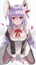 Rule 34 | 1girl, absurdres, alternate costume, animal ears, aohane, apron, arm support, breasts, cleavage, closed mouth, enmaided, from above, hair between eyes, heart, highres, large breasts, light smile, long hair, looking at viewer, maid, maid headdress, pantyhose, purple eyes, purple hair, rabbit ears, reisen udongein inaba, shadow, simple background, solo, touhou, very long hair, white background
