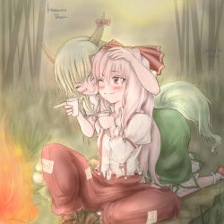 Rule 34 | &gt; &lt;, 2girls, :d, ;), > <, all fours, aosiro-michi, bamboo, bamboo forest, blush, boots, campfire, cheek-to-cheek, cup, dress, drinking, drunk, ex-keine, closed eyes, female focus, fire, fog, forest, fujiwara no mokou, grass, green hair, grey hair, grin, hand on head, heads together, horns, kamishirasawa keine, long dress, multiple girls, nature, navel, on floor, one eye closed, open mouth, outdoors, pants, reeds, shirt, sitting, smile, suspenders, tail, touhou, wetland, wink, xd