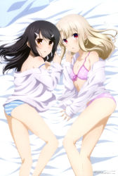 Rule 34 | 2girls, :o, absurdres, ass, back, bare legs, bare shoulders, bed, bed sheet, black hair, blush, bra, breasts, butt crack, cleavage, fate/kaleid liner prisma illya, fate (series), hair down, hair ornament, hairclip, highres, illyasviel von einzbern, looking at viewer, miyu edelfelt, multiple girls, neck, official art, open clothes, open mouth, open shirt, panties, red eyes, shirt, striped clothes, striped panties, underwear, white hair, yellow eyes