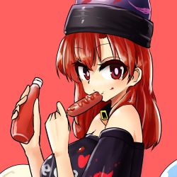 Rule 34 | artist request, black shirt, clothes writing, collar, eating, food, food on face, hair between eyes, hecatia lapislazuli, highres, ise corridor, ketchup, looking at viewer, off-shoulder shirt, off shoulder, red background, red eyes, red hair, sausage, shirt, simple background, solo, t-shirt, touhou, upper body