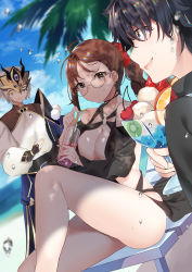 Rule 34 | 1girl, 2boys, absurdres, akuta hinako, bare shoulders, beach, black hair, black one-piece swimsuit, blue eyes, blue sky, blush, braid, breasts, brown eyes, brown hair, cherry, cleavage, collarbone, commentary request, cup, day, drinking straw, earrings, embarrassed, fate/grand order, fate (series), food, fruit, fujimaru ritsuka (male), fujimaru ritsuka (male) (polar chaldea uniform), hair ornament, hair scrunchie, heroic spirit chaldea park outfit, highres, holding, holding cup, jewelry, large breasts, long hair, looking at viewer, mask, multiple boys, multiple earrings, o-ring, o-ring swimsuit, one-piece swimsuit, palm tree, prince of lan ling (fate), red scrunchie, scrunchie, silver hair, single braid, sitting, sky, smile, strawberry, sweatdrop, swimsuit, thighs, tree, tropical drink, yu mei-ren (fate), yu mei-ren (festival outfit) (fate), yufou