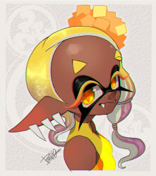 Rule 34 | 1girl, asymmetrical hair, bare shoulders, blonde hair, border, closed mouth, commentary, dark-skinned female, dark skin, eyelashes, fangs, fangs out, food, food-themed hair ornament, forehead, frye (splatoon), gradient hair, grey background, hair ornament, inkling, isamu-ki (yuuki), looking at viewer, looking to the side, medium hair, multicolored hair, nintendo, pointy ears, purple hair, shirt, short eyebrows, signature, simple background, sleeveless, sleeveless shirt, smile, solo, splatoon (series), splatoon 3, star-shaped pupils, star (symbol), symbol-only commentary, symbol-shaped pupils, tempura, tentacle hair, turtleneck, upper body, white border, yellow eyes, yellow shirt