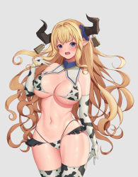 Rule 34 | 1girl, animal print, baeg mi, bell, blonde hair, blue eyes, breasts, cow girl, cow print, cowbell, draph, elbow gloves, gloves, granblue fantasy, highleg, highleg swimsuit, highres, horns, large breasts, long hair, looking at viewer, navel, razia, solo, swimsuit, thighhighs, very long hair