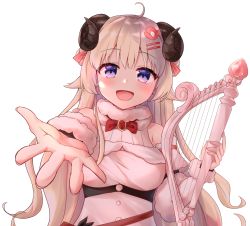 Rule 34 | 1girl, :d, ahoge, blonde hair, blush, breasts, commentary, detached sleeves, dress, fur-trimmed dress, fur trim, hair ornament, hairclip, harp, highres, holding, holding instrument, hololive, horns, instrument, long hair, looking at viewer, lyre, medium breasts, open mouth, outstretched hand, purple eyes, reaching, reaching towards viewer, sheep horns, shishou (doragyurosu), simple background, smile, solo, tsunomaki watame, tsunomaki watame (1st costume), upper body, virtual youtuber, white background, white dress