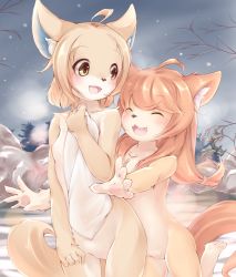 Rule 34 | 2girls, :d, ^ ^, ahoge, animal ears, blonde hair, blush, border collie, brown eyes, closed eyes, covering privates, dog, fang, fox, furry, furry female, fuu (frol), groin, happy, highres, kohaku (fuu), long hair, looking at another, low-tied long hair, multiple girls, nude, onsen, open mouth, orange hair, original, outdoors, outstretched arms, rock, short hair, sky, smile, standing, standing on one leg, steam, tail, towel, water, yellow eyes