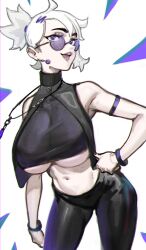 Rule 34 | 1girl, bare shoulders, black pants, blue eyes, breasts, commentary, crop top, hand on own hip, highres, large breasts, looking at viewer, navel, nero (neroartbox), open mouth, original, pants, round eyewear, short hair, short ponytail, simple background, sleeveless, smile, solo, spiked hair, standing, stomach, sunglasses, turtleneck, underboob, white background, white hair, wristband