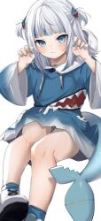 Rule 34 | 1girl, 852 box, :3, animal hood, blue dress, blue hair, blue nails, blue socks, blunt bangs, blush, closed mouth, cube hair ornament, dress, fingernails, fins, fish tail, gawr gura, grey hair, hair ornament, hands up, highres, hololive, hololive english, hood, hooded dress, long sleeves, looking at viewer, medium hair, multicolored hair, nail polish, pocket, shark girl, shark hair ornament, shark hood, shark tail, shoes, short twintails, simple background, sitting, smile, socks, solo, streaked hair, tail, twintails, two side up, virtual youtuber, white background, white footwear, wide sleeves, zipper