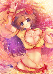 Rule 34 | 1girl, blue eyes, blush, breasts, brown hair, choker, cleavage, fate/grand order, fate (series), flower, frills, hair between eyes, hair ornament, jewelry, lips, long hair, mata hari (fate), midriff, navel, panties, pom pom (clothes), smile, solo, sparkle, underwear