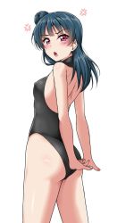 Rule 34 | &gt;:o, 1girl, :o, anger vein, ass, backless outfit, backless swimsuit, black one-piece swimsuit, blue hair, blush, breasts, from behind, from side, hair bun, interlocked fingers, long hair, looking at viewer, looking back, love live!, love live! sunshine!!, one-piece swimsuit, purple eyes, side bun, simple background, single side bun, small breasts, solo, swimsuit, tsushima yoshiko, v-shaped eyebrows, white background, yopparai oni