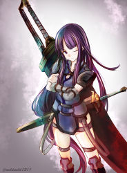 Rule 34 | 1girl, adapted costume, alternate costume, altina (fire emblem), arm guards, armor, bloom, clear glass (mildmild1311), crossed arms, detached sleeves, dress, fire emblem, fire emblem: radiant dawn, fire emblem heroes, highres, huge weapon, nintendo, one eye closed, purple eyes, purple hair, sheath, sheathed, shoulder armor, solo, sword, twitter username, weapon