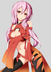 Rule 34 | 10s, bad id, bad pixiv id, bare shoulders, black legwear, breasts, center opening, cleavage, covered erect nipples, detached sleeves, elbow gloves, fedsnk, fingerless gloves, gloves, guilty crown, hair ornament, hairclip, highres, looking at viewer, navel, pink hair, red eyes, solo, twintails, yuzuriha inori