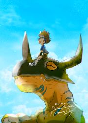 Rule 34 | blue sky, brown hair, child, claws, closed eyes, closed mouth, cloud, cloudy sky, dated, digimon, digimon (creature), digimon adventure, dreamearth, fangs, greymon, hair between eyes, happy, highres, horns, open mouth, size difference, sky, yagami taichi