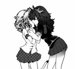 Rule 34 | 10s, 60606, animal ears, antlers, bad id, bad pixiv id, closed eyes, greyscale, hands on another&#039;s arm, hands on another&#039;s shoulder, height difference, horns, kemono friends, kiss, lion (kemono friends), lion ears, lion tail, monochrome, moose (kemono friends), moose ears, moose tail, skirt, tail, yuri