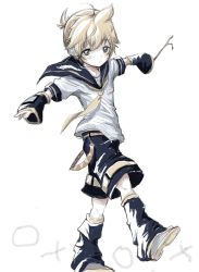 Rule 34 | 1boy, arm warmers, bass clef, black collar, black shorts, blonde hair, collar, green eyes, half-closed eyes, highres, holding, holding stick, kagamine len, leg warmers, male focus, necktie, outstretched arms, sailor collar, school uniform, shirt, short ponytail, short sleeves, shorts, simple background, sketch, solo, spiked hair, stick, twig, umijiroo, vocaloid, walking, white background, white shirt, yellow necktie