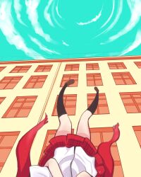 Rule 34 | 1girl, aqua sky, black socks, brown footwear, building, cloud, commentary, day, falling, female pov, floating scarf, fringe trim, highres, kagerou days (vocaloid), kagerou project, kneehighs, legs, loafers, lower body, mekakucity actors, miniskirt, outdoors, pakubun, plaid, plaid skirt, pleated skirt, pov, railing, red scarf, red skirt, scarf, school uniform, shirt, shoes, short sleeves, skirt, socks, solo, spoilers, suicide, tateyama ayano, upside-down, vocaloid, white shirt, window
