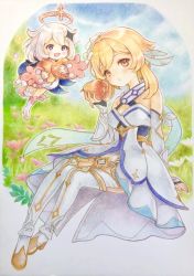 Rule 34 | 2girls, bare shoulders, blonde hair, blue eyes, blush, breasts, cape, colored pencil (medium), detached sleeves, dress, floating, flower, food, genshin impact, grass, hair between eyes, hair flower, hair ornament, halo, highres, holding, holding food, looking at viewer, lumine (genshin impact), medium breasts, meillandina, multiple girls, open mouth, paimon (genshin impact), pink flower, scarf, short hair, sitting, sky, sunsettia (genshin impact), traditional media, white dress, white hair, white legwear, yellow eyes