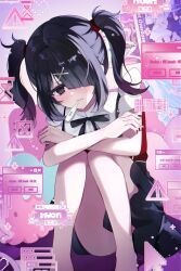 Rule 34 | 1girl, absurdres, ame-chan (needy girl overdose), barefoot, black eyes, black hair, black nails, black ribbon, black skirt, blush, chouzetsusaikawa tenshi-chan, closed mouth, collar, collared shirt, commentary, crossed arms, hair ornament, hair over one eye, hair tie, hairclip, highres, knees up, long hair, looking at viewer, moggom, mouth hold, multicolored nails, neck ribbon, needy girl overdose, poster (object), red nails, red shirt, ribbon, shirt, shirt tucked in, sitting, skirt, solo, stuffed animal, stuffed octopus, stuffed toy, suspender skirt, suspenders, symbol-only commentary, thermometer, twintails, white collar, window (computing), x hair ornament