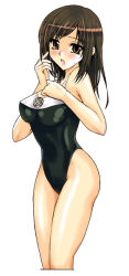 Rule 34 | 1girl, bare arms, bare shoulders, bikini, black one-piece swimsuit, breasts, brown hair, cropped legs, endelyon, hands up, highleg, highleg swimsuit, kagehi no loo, legs together, mabinogi, medium breasts, medium hair, one-piece swimsuit, open mouth, orange eyes, simple background, solo, standing, swept bangs, swimsuit, two-tone bikini, white background, white one-piece swimsuit