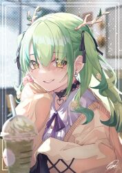 Rule 34 | 1girl, antlers, blouse, cardigan, casual, ceres fauna, ceres fauna (jirai kei), choker, cup, disposable cup, earrings, flower, frappuccino, green hair, grin, hair between eyes, hair flower, hair ornament, hair ribbon, heart, heart choker, highres, hololive, hololive english, horns, jcf, jewelry, leaf, long hair, looking at viewer, mole, mole under eye, nail polish, pink nails, ribbon, shirt, smile, solo, two side up, upper body, virtual youtuber, yellow eyes