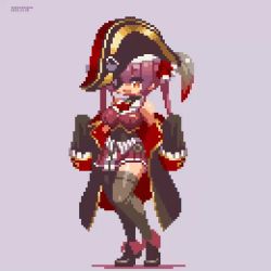 Rule 34 | 1girl, animated, artist name, ascot, belt, bicorne, black coat, black footwear, black hat, black thighhighs, blinking, bouncing breasts, breasts, brooch, coat, dated, eyepatch, hair ribbon, hat, hololive, houshou marine, idle animation, jewelry, leotard, leotard under clothes, looping animation, medium breasts, medium hair, miniskirt, off shoulder, open mouth, pirate hat, pixel art, pleated skirt, purple background, red ascot, red eyes, red hair, red skirt, red vest, ribbon, sakuemon, see-through, see-through leotard, shoes, simple background, skirt, sleeveless, sleeves past fingers, sleeves past wrists, smile, solo, thighhighs, thighs, twintails, vest, video, virtual youtuber, zettai ryouiki