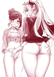 Rule 34 | 2girls, :d, arms behind back, ass, braid, fang, fundoshi, hair bun, hands on own hips, haori, headband, highres, hizuki akira, horns, japanese clothes, long hair, long sleeves, looking at viewer, looking back, monochrome, multiple girls, navel, open mouth, original, pointy ears, ponytail, red theme, sarashi, sideways glance, simple background, single hair bun, smile, standing, white background