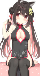 Rule 34 | 1girl, animal ear fluff, animal ears, arm at side, bare arms, bare shoulders, black dress, black hair, black thighhighs, blush, breasts, cat ears, china dress, chinese clothes, cleavage, cleavage cutout, closed mouth, clothing cutout, colored inner hair, commentary request, curvy, double bun, dress, eyes visible through hair, feet out of frame, fingernails, floral print dress, flower, hair between eyes, hair bun, hair flower, hair ornament, hair ribbon, hand up, happy, highres, hip vent, holding, holding own hair, kemonomimi mode, large breasts, long hair, looking at viewer, multicolored hair, original, pink hair, red eyes, red ribbon, ribbon, sakura (utsumire), sidelocks, simple background, sitting, sleeveless, sleeveless dress, smile, solo, thighhighs, twintails, utsunomiya tsumire, very long hair, white background, yellow flower