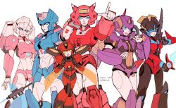 Rule 34 | 6+girls, arcee, artist name, azuredawn40, breasts, chromia, clenched hands, commentary, dated, elita one, energy axe, energy sword, energy wings, english commentary, flame toys arcee, flame toys windblade, head tilt, highres, holding, holding sword, holding weapon, medium breasts, multiple girls, nautica (transformers), orange eyes, parted lips, pointing, pointing at self, red lips, smile, sword, the transformers (idw), transformers, transformers: earthspark, twitch (transformers), weapon, white background, windblade