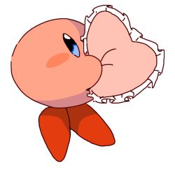 blue eyes, blush, blush stickers, cushion, frills, from side, full body, heart, holding, kirby, kirby (series), nintendo, no humans, object hug, simple background, sketch, solo, sp (sweet potato), white background