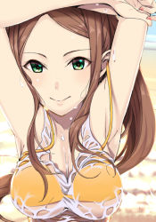 Rule 34 | 10s, 1girl, armpits, arms up, bikini, breasts, brown hair, cleavage, collarbone, eyebrows, green eyes, haruichi (komikal), idolmaster, idolmaster cinderella girls, large breasts, long hair, looking at viewer, matsuyama kumiko, nail polish, out of frame, outstretched arms, smile, solo, swimsuit, underboob, upper body, very long hair, wet, wet clothes, yellow bikini