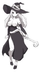 Rule 34 | 1girl, bare shoulders, breasts, bright pupils, closed mouth, detached sleeves, dragon&#039;s crown, dress, full body, greyscale, hat, highres, holding, holding staff, lamb-oic029, large breasts, long hair, looking at viewer, monochrome, shoes, side slit, simple background, solo, sorceress (dragon&#039;s crown), staff, white background, white pupils, witch hat