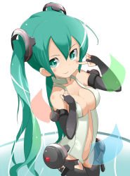 Rule 34 | 1girl, aqua eyes, aqua hair, bad id, bad pixiv id, bare shoulders, breasts, bridal gauntlets, center opening, cleavage, elbow gloves, fingerless gloves, gloves, hatsune miku, hatsune miku (append), long hair, looking at viewer, navel, pointing, pointing at self, smile, solo, tamakorogashi, twintails, very long hair, vocaloid, vocaloid append