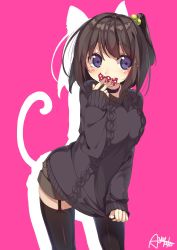 Rule 34 | 1girl, animal ears, artist name, ayataka, black sweater, black thighhighs, breasts, brown hair, candy, cat ears, cat tail, clothes tug, different shadow, food, garter straps, hair bobbles, hair ornament, highres, long sleeves, original, purple eyes, short hair, short shorts, shorts, side ponytail, simple background, sleeves past wrists, solo, sweater, sweater tug, tail, thighhighs