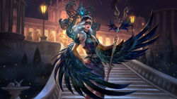 Rule 34 | 1girl, absurdres, bare shoulders, black hair, blue eyes, detached sleeves, european architecture, eye mask, feather dress, feathered wings, gradient hair, hand on own hip, highres, holding, holding staff, isis (smite), isis (smite) (midnight raven), lamppost, long hair, looking at viewer, multicolored hair, night, official alternate costume, official art, outdoors, red lips, smite, solo, staff, stairs, white hair, wings