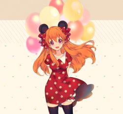 Rule 34 | 10s, 1girl, :d, animal ears, arms behind back, balloon, bittersweet (dalcoms), black thighhighs, bloomers, blush, bow, cosplay, cowboy shot, disney, dress, gekkan shoujo nozaki-kun, hair bow, highres, long hair, looking at viewer, minnie mouse, minnie mouse (cosplay), mouse ears, open mouth, orange hair, polka dot, polka dot bow, polka dot dress, sakura chiyo, smile, solo, thighhighs, underwear