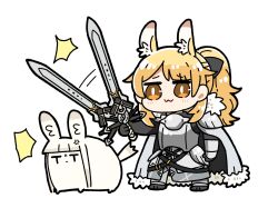 Rule 34 | 1girl, :3, afterimage, anger vein, animal ear fluff, animal ears, arknights, armor, black gloves, black ribbon, blonde hair, blush, breastplate, brown eyes, chibi, cloak, closed mouth, dog-san, full body, fur-trimmed cloak, fur trim, gauntlets, gloves, grey cloak, hair ribbon, highres, holding, holding sword, holding weapon, horse ears, looking at viewer, nearl (arknights), platinum (arknights), ponytail, ribbon, simple background, speed lines, standing, stiff tail, sword, weapon, white background