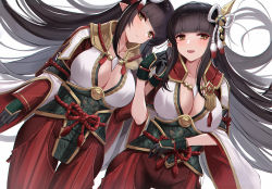Rule 34 | 2girls, black gloves, black hair, blunt bangs, blush, breasts, collarbone, cowboy shot, eternity (shadeh), gloves, hair ornament, hakama, hakama skirt, highres, hinoa, holding hands, japanese clothes, large breasts, long hair, long sleeves, looking at viewer, minoto, monster hunter (series), monster hunter rise, multiple girls, parted lips, pointy ears, siblings, simple background, sisters, skirt, twins, white background, yellow eyes