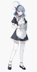 Rule 34 | 1girl, absurdres, ako (blue archive), alternate costume, apron, black dress, black footwear, black hairband, blue archive, blue eyes, blue hair, breasts, cjsdh1000, cleavage, closed mouth, dress, ear piercing, enmaided, frills, full body, grey background, hairband, halo, highres, looking at viewer, maid, medium breasts, piercing, puffy short sleeves, puffy sleeves, shoes, short sleeves, simple background, solo, standing, thighhighs, white thighhighs