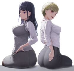 Rule 34 | 2girls, :d, absurdres, ano (gccx8784), arms behind back, ass, black hair, blonde hair, breasts, closed mouth, earrings, from behind, grey pants, grey skirt, grey vest, highres, holding own arm, jewelry, large breasts, long hair, long sleeves, looking at viewer, looking back, medium breasts, multiple girls, office lady, open mouth, original, pants, pantylines, pencil skirt, purple eyes, red eyes, shirt, short hair, sitting, skirt, smile, stud earrings, tight clothes, tight pants, vest, wavy hair, white shirt