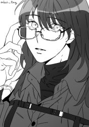 Rule 34 | 1girl, chest strap, chief (path to nowhere), collared shirt, commentary request, dog 9uk, female chief (path to nowhere), glasses, greyscale, hand up, highres, korean commentary, looking at viewer, monochrome, parted lips, path to nowhere, shirt, solo, twitter username, upper body