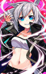 1girl animal_ears arknights bandeau black_jacket black_shorts blue_eyes breasts cleavage collarbone commentary_request cosplay grey_hair grin hand_up highres horse_ears jacket lappland_(arknights) lappland_(arknights)_(cosplay) long_hair long_sleeves looking_at_viewer midriff navel open_clothes open_jacket partial_commentary shorts small_breasts smile solo stomach strapless tamamo_cross_(umamusume) tube_top umamusume upper_body very_long_hair yasume_yukito