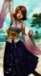 Rule 34 | 00s, 1girl, bra, breasts, brown hair, detached sleeves, final fantasy, final fantasy x, hair ornament, hakama, hakama skirt, japanese clothes, jewelry, lack, short hair, simple background, skirt, smile, solo, underwear, yuna, yuna (ff10)
