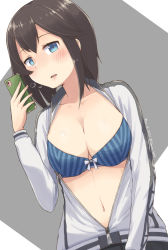 Rule 34 | 1girl, black hair, blue bra, blue eyes, bra, breasts, cellphone, hayasui (kancolle), highres, holding, holding phone, jacket, kantai collection, long sleeves, medium breasts, navel, open clothes, open jacket, phone, short hair, smartphone, solo, toge nbo, track jacket, underwear, upper body, zipper