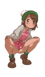 Rule 34 | 1girl, absurdres, anus, blush, boots, brown eyes, brown hair, cardigan, creatures (company), dress, female focus, full body, game freak, gloria (pokemon), hands on own knees, hat, highres, long sleeves, looking at viewer, nintendo, no panties, ojomi, open cardigan, open clothes, peeing, pokemon, pokemon swsh, pussy, short hair, simple background, socks, solo, spread legs, squatting, tam o&#039; shanter, uncensored, white background